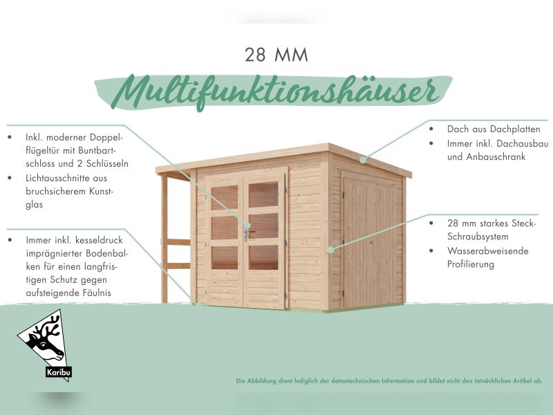 Karibu Multifunktionshaus Pultdach mit Schrank und Anbaudach 28 mm, terragrau