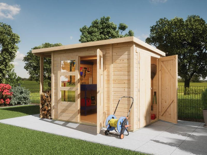 Karibu Multifunktionshaus Pultdach mit Schrank und Anbaudach 19 mm