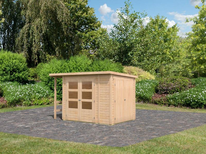 Karibu Multifunktionshaus Pultdach mit Schrank und Anbaudach 19 mm