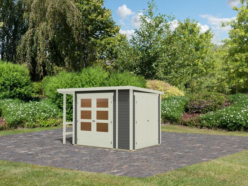 Karibu Multifunktionshaus Pultdach mit Schrank und Anbaudach 19 mm, terragrau