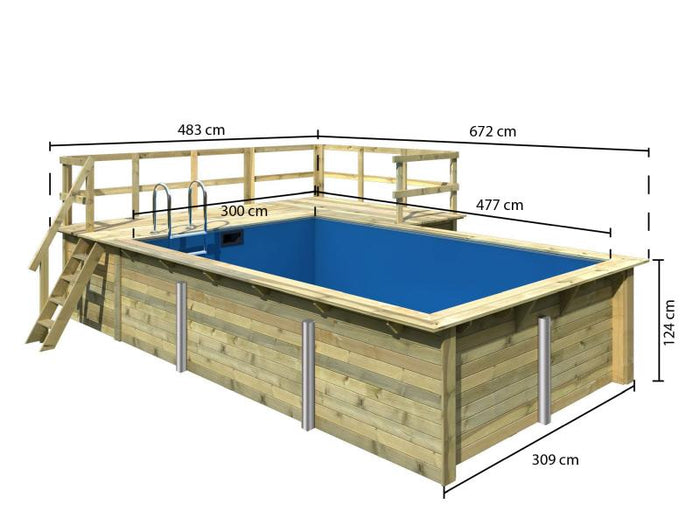 Karibu Rechteck Pool Größe 3  im Set inkl. Filterpaket, Terrrasse 3,5 m und Seitenterrasse