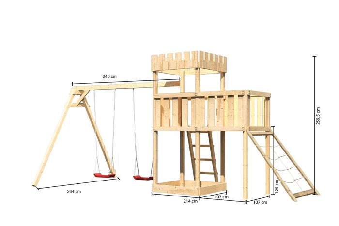 Karibu Ritterburg Löwenherz + Doppelschaukel + Anbauplattform + Netzrampe