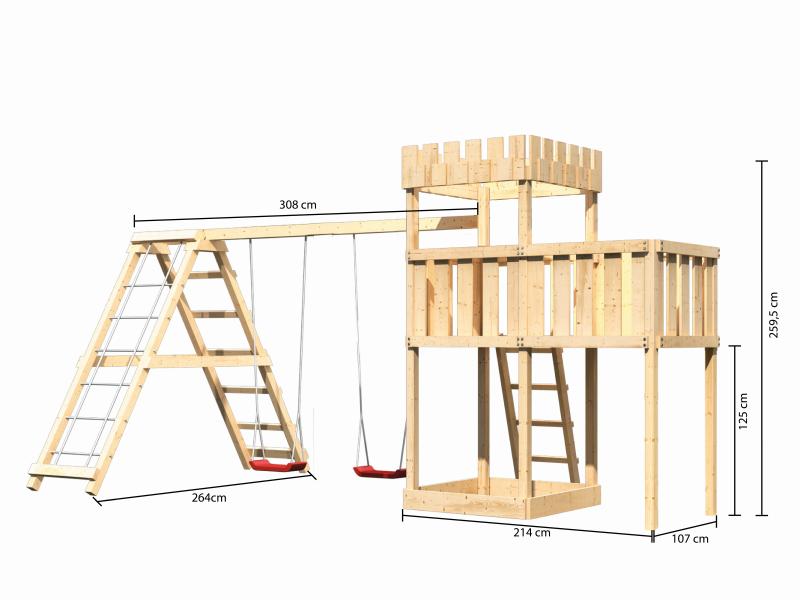 Karibu Ritterburg Löwenherz + Doppelschaukelanbau Klettergerüst + Anbauplattform