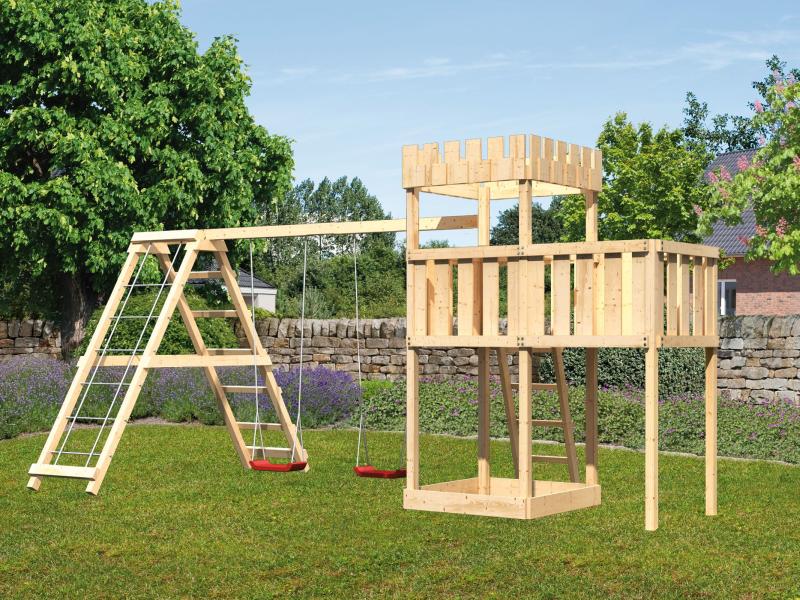 Karibu Ritterburg Löwenherz + Doppelschaukelanbau Klettergerüst + Anbauplattform