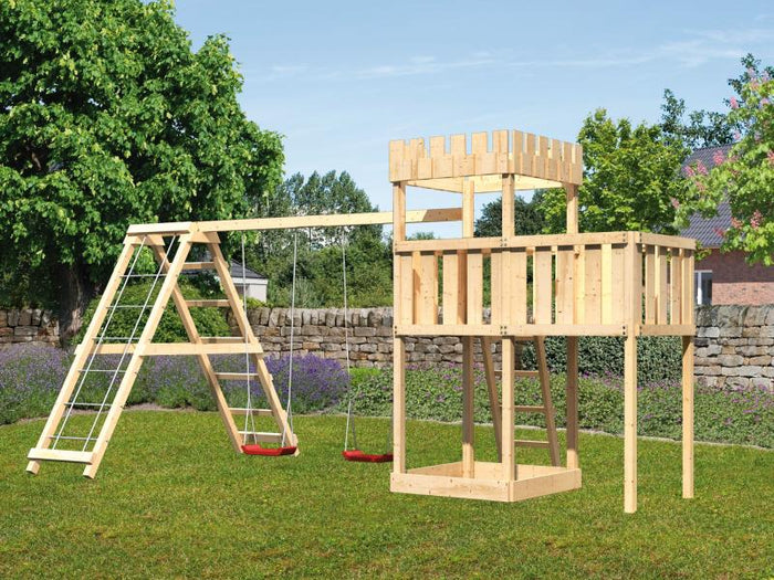 Karibu Ritterburg Löwenherz + Doppelschaukelanbau Klettergerüst + Anbauplattform