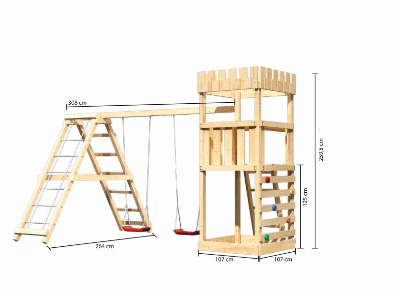 Karibu Ritterburg Löwenherz + Doppelschaukelanbau Klettergerüst + Kletterwand