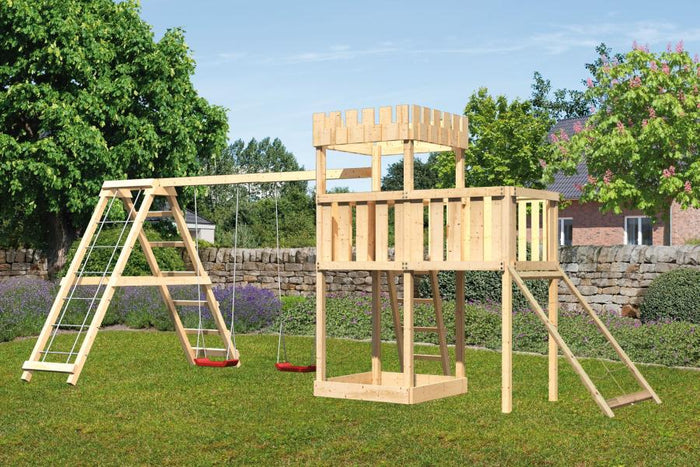 Karibu Ritterburg Löwenherz + Doppelschaukelanbau Klettergerüst + Anbauplattform + Netzrampe