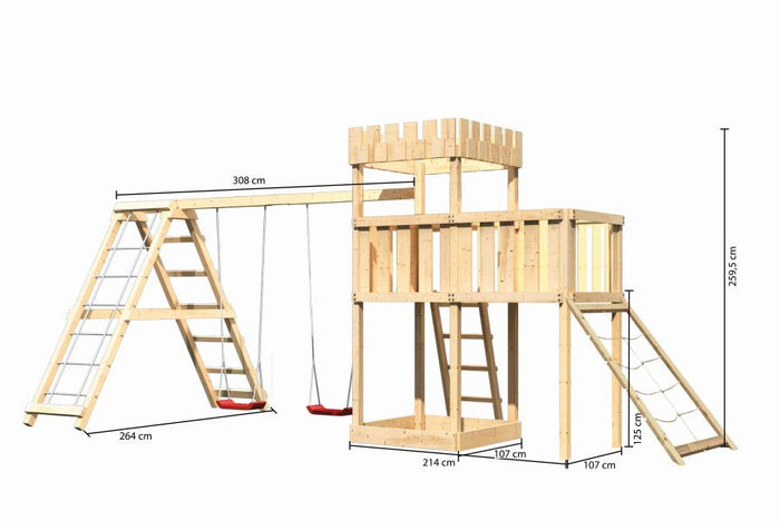 Karibu Ritterburg Löwenherz + Doppelschaukelanbau Klettergerüst + Anbauplattform + Netzrampe