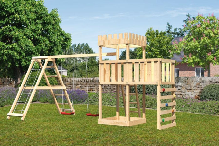 Karibu Ritterburg Löwenherz + Doppelschaukelanbau Klettergerüst + Anbauplattform + Kletterwand