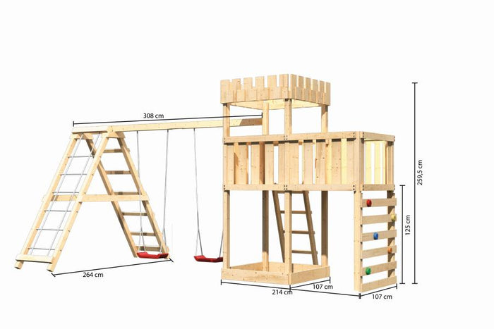 Karibu Ritterburg Löwenherz + Doppelschaukelanbau Klettergerüst + Anbauplattform + Kletterwand