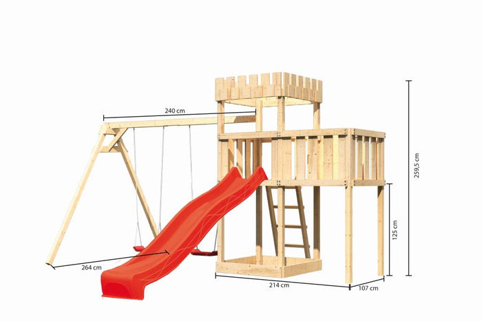 Karibu Ritterburg Löwenherz + Rutsche + Doppelschaukel + Anbauplattform