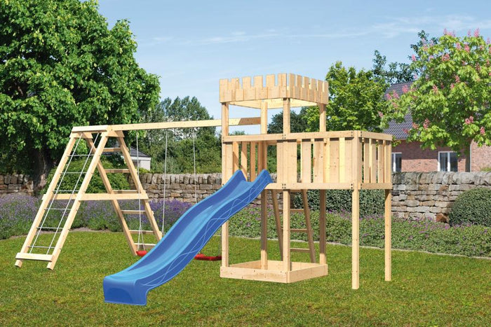 Karibu Ritterburg Löwenherz + Rutsche + Doppelschaukelanbau Klettergerüst + Anbauplattform