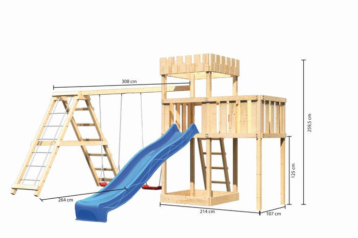 Karibu Ritterburg Löwenherz + Rutsche + Doppelschaukelanbau Klettergerüst + Anbauplattform