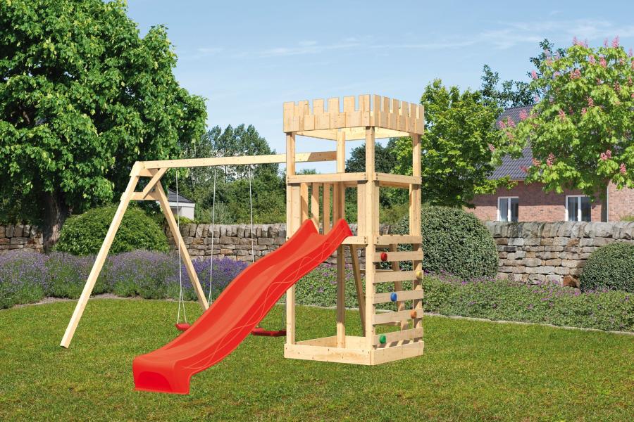 Karibu Ritterburg Löwenherz + Rutsche + Doppelschaukel + Kletterwand