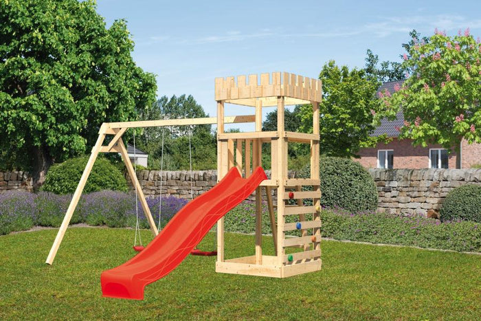 Karibu Ritterburg Löwenherz + Rutsche + Doppelschaukel + Kletterwand