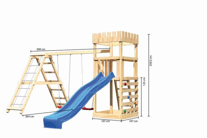 Karibu Ritterburg Löwenherz + Rutsche + Doppelschaukelanbau Klettergerüst + Kletterwand