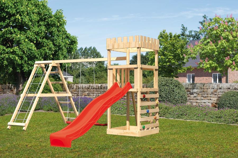 Karibu Ritterburg Löwenherz + Rutsche + Doppelschaukelanbau Klettergerüst + Kletterwand