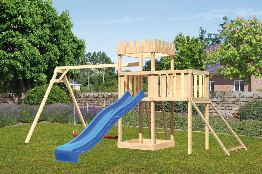 Karibu Ritterburg Löwenherz + Rutsche + Doppelschaukel + Anbauplattform + Netzrampe