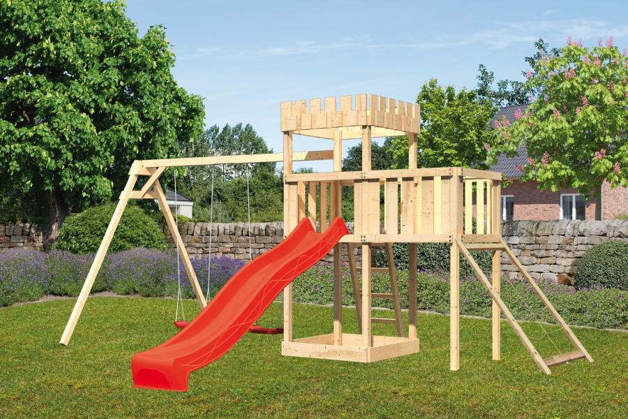 Karibu Ritterburg Löwenherz + Rutsche + Doppelschaukel + Anbauplattform + Netzrampe