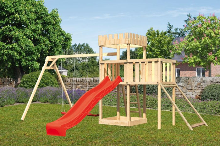 Karibu Ritterburg Löwenherz + Rutsche + Doppelschaukel + Anbauplattform + Netzrampe