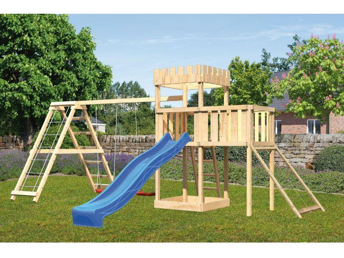 Karibu Ritterburg Löwenherz + Rutsche + Doppelschaukelanbau Klettergerüst + Anbauplattform + Netzram