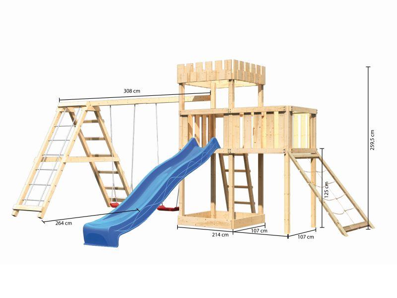 Karibu Ritterburg Löwenherz + Rutsche + Doppelschaukelanbau Klettergerüst + Anbauplattform + Netzram