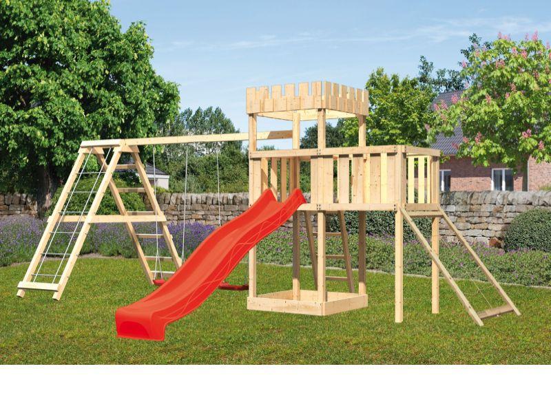 Karibu Ritterburg Löwenherz + Rutsche + Doppelschaukelanbau Klettergerüst + Anbauplattform + Netzram