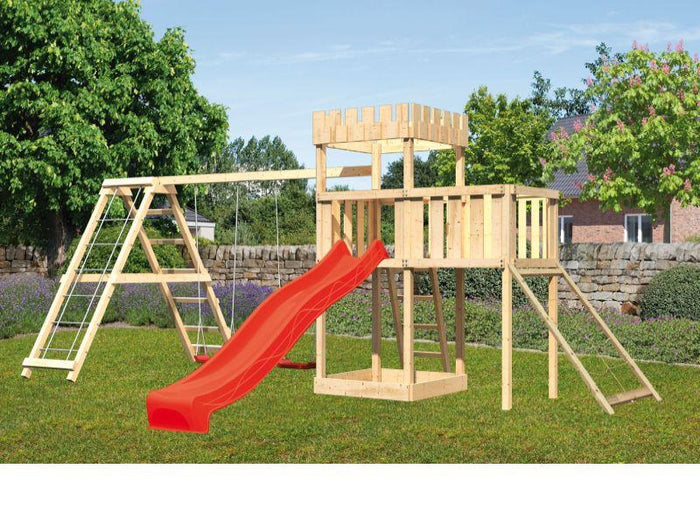 Karibu Ritterburg Löwenherz + Rutsche + Doppelschaukelanbau Klettergerüst + Anbauplattform + Netzram