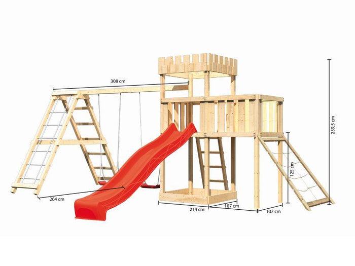 Karibu Ritterburg Löwenherz + Rutsche + Doppelschaukelanbau Klettergerüst + Anbauplattform + Netzram