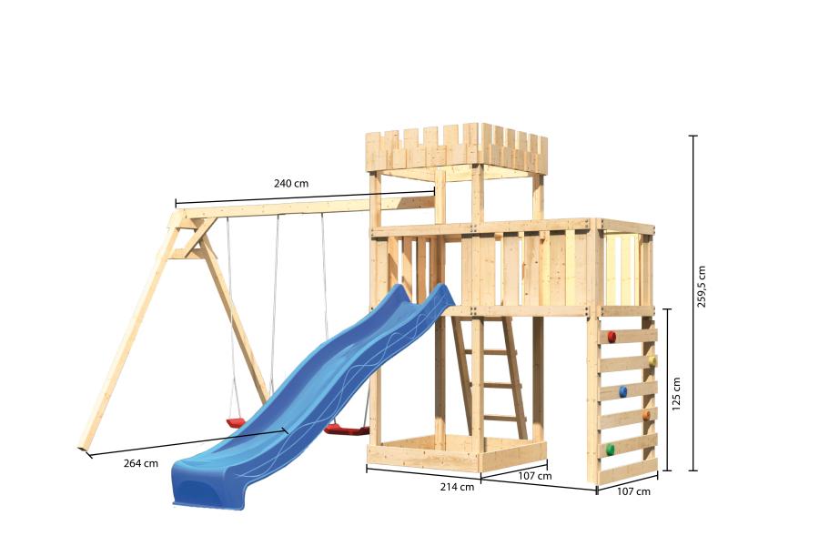 Karibu Ritterburg Löwenherz + Rutsche + Doppelschaukel + Anbauplattform + Kletterwand