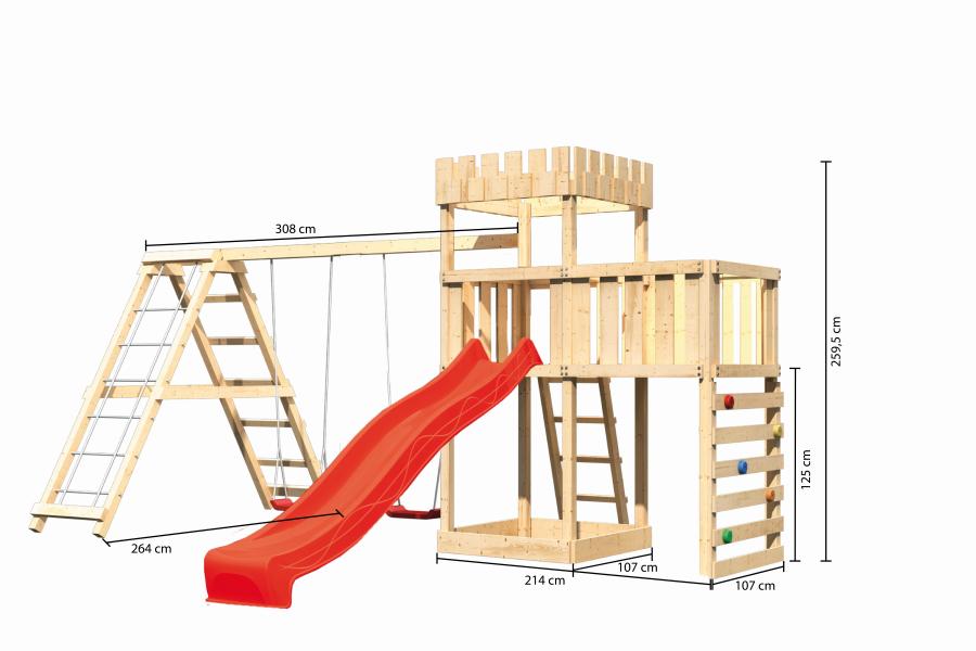 Karibu Ritterburg Löwenherz + Rutsche + Doppelschaukelanbau Klettergerüst + Anbauplattform + Kletter