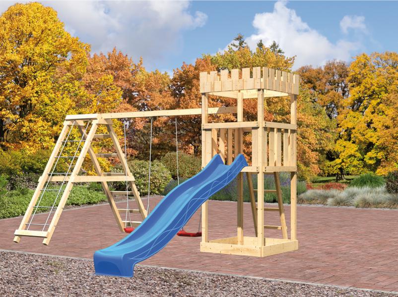 Karibu Ritterburg Löwenherz + Rutsche blau + Doppelschaukelanbau Klettergerüst