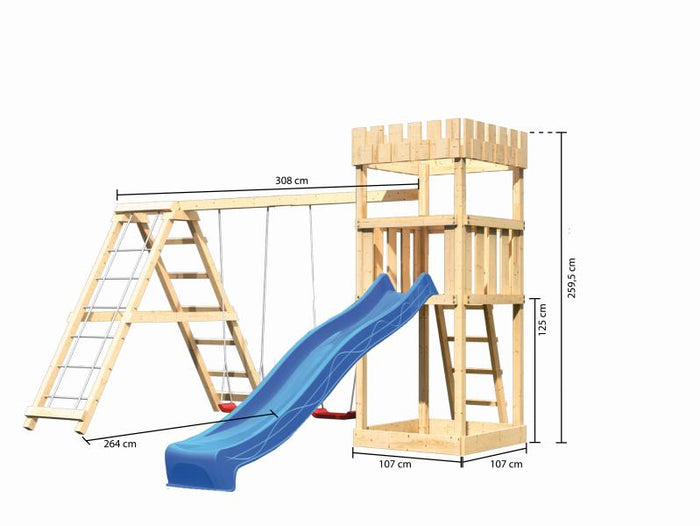 Karibu Ritterburg Löwenherz + Rutsche blau + Doppelschaukelanbau Klettergerüst