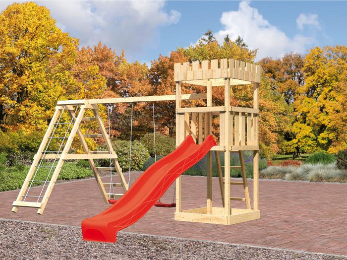 Karibu Ritterburg Löwenherz + Rutsche rot + Doppelschaukelanbau Klettergerüst