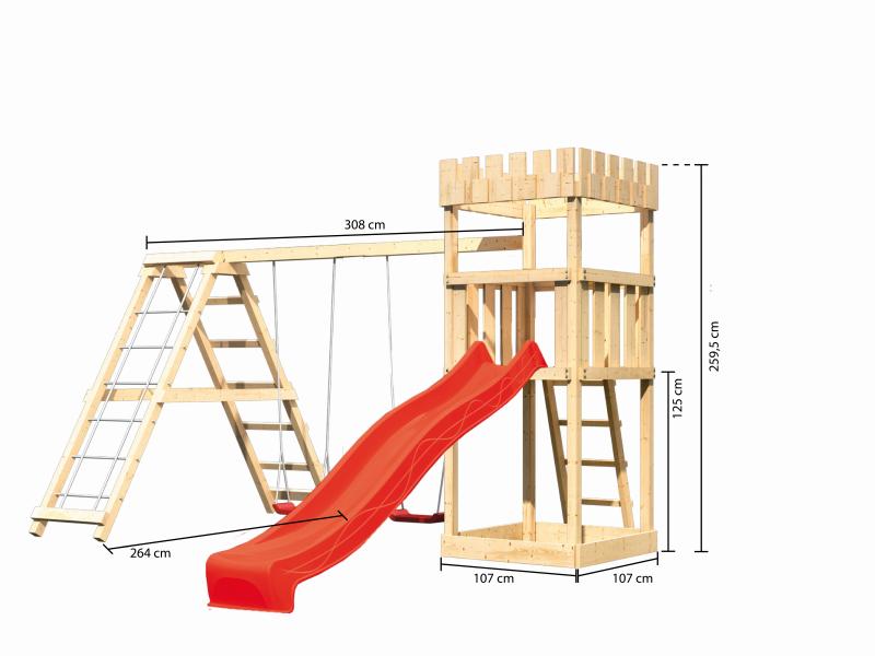 Karibu Ritterburg Löwenherz + Rutsche rot + Doppelschaukelanbau Klettergerüst