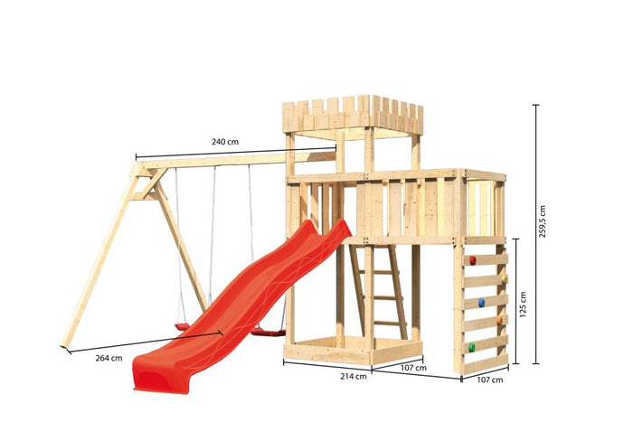 Karibu Ritterburg Löwenherz +Rutsche + Doppelschaukel + Anbauplattform + Kletterwand