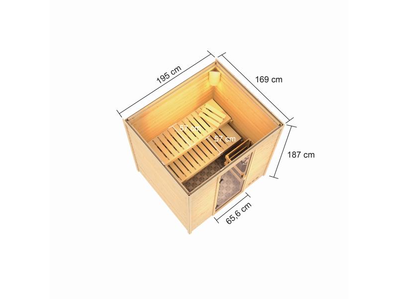 Karibu Sauna Adelina inkl. 9 kW Bioofen ext. Steuerung mit klassischer Saunatür -ohne Dachkranz-