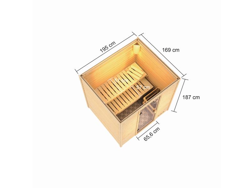 Karibu Sauna Adelina inkl. 9 kW Ofen ext. Steuerung mit klassischer Saunatür -ohne Dachkranz-