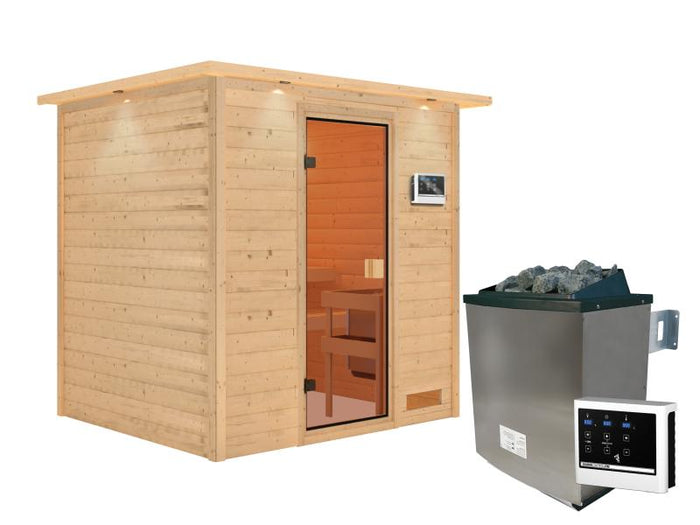 Karibu Sauna Adelina inkl. 9 kW Ofen ext. Steuerung mit klassischer Saunatür -mit Dachkranz-