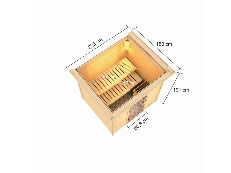 Karibu Sauna Adelina inkl. 9 kW Ofen integr. Steuerung mit klassischer Saunatür -mit Dachkranz-