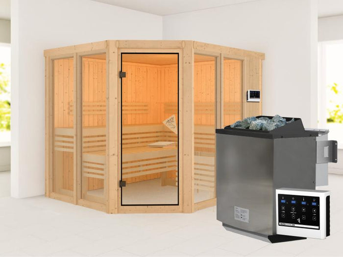 Karibu Sauna Ainur mit 9 kW Bioofen Ext. Strg 68 mm