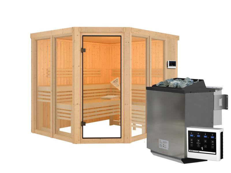 Karibu Sauna Ainur mit 9 kW Bioofen Ext. Strg 68 mm