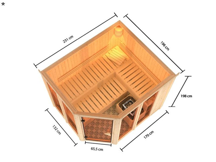Karibu Sauna Ainur mit 9 kW Bioofen Ext. Strg 68 mm