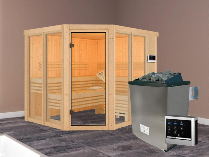 Karibu Sauna Ainur mit 9 kW Ofen Ext. Strg 68 mm