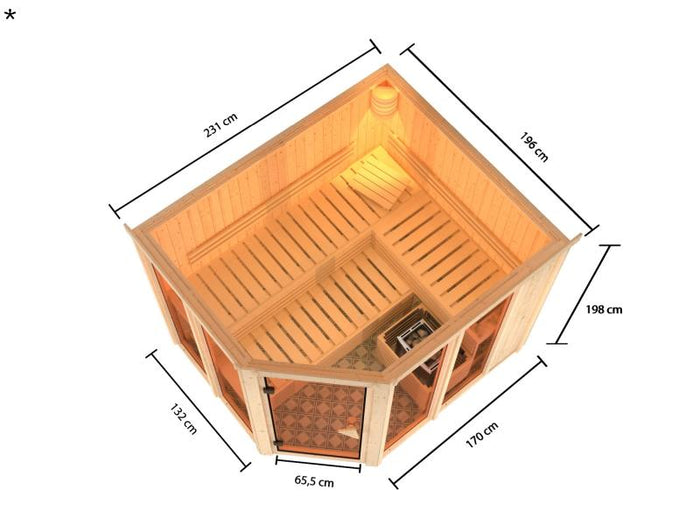 Karibu Sauna Ainur mit 9 kW Ofen Ext. Strg 68 mm