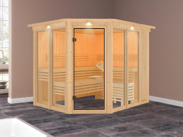 Karibu Sauna Ainur mit Dachkranz ohne Ofen 68 mm