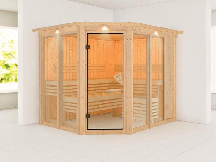 Karibu Sauna Ainur mit Dachkranz ohne Ofen 68 mm