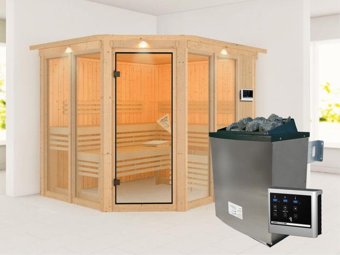 Karibu Sauna Ainur mit Dachkranz und 9 kW Ofen Ext. Strg 68 mm