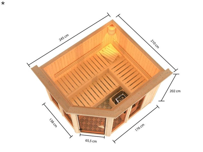 Karibu Sauna Ainur mit Dachkranz und 9 kW Ofen Ext. Strg 68 mm