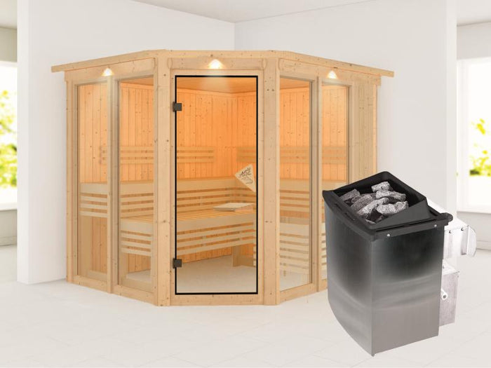 Karibu Sauna Ainur mit Dachkranz und 9 kW Ofen Integr. Strg 68 mm